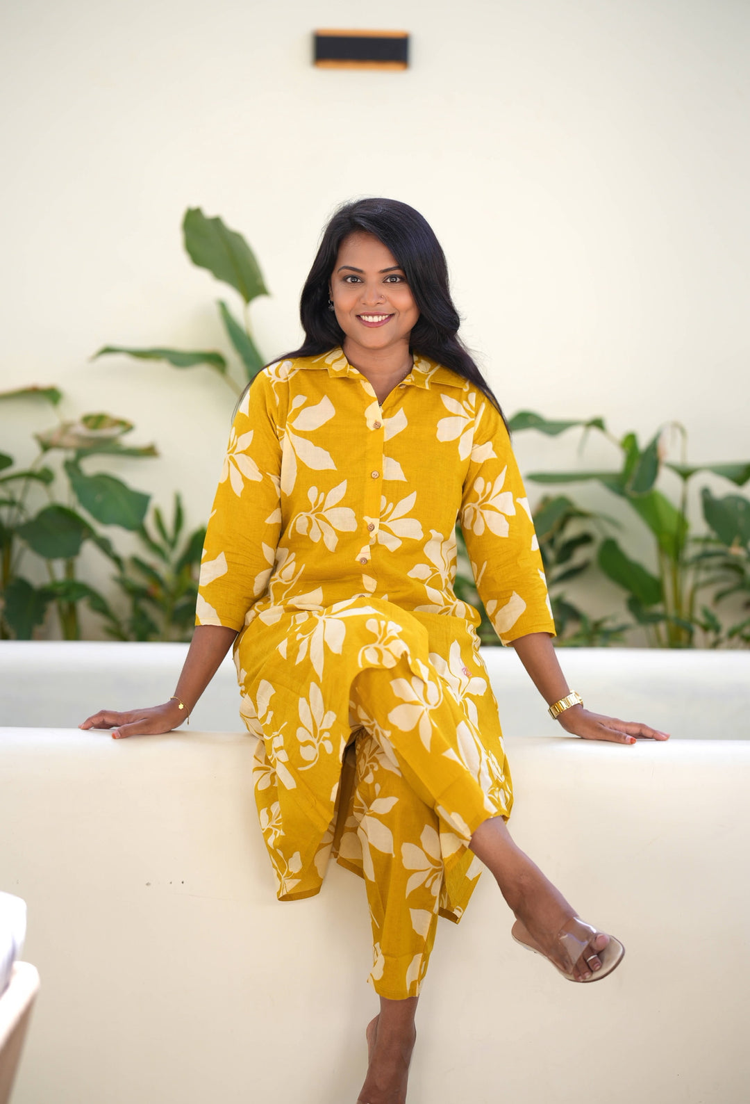 Yellow cotton kurta set (button opening)
