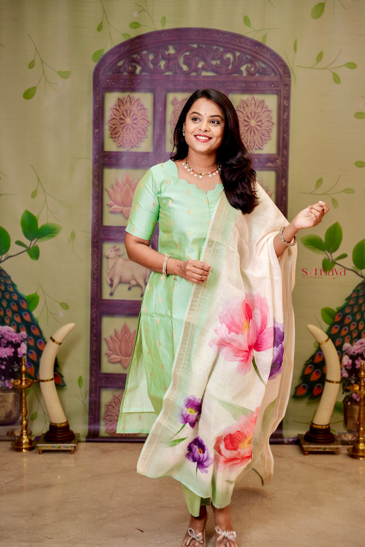 Malar - light green raw silk Kurta Set of 3
