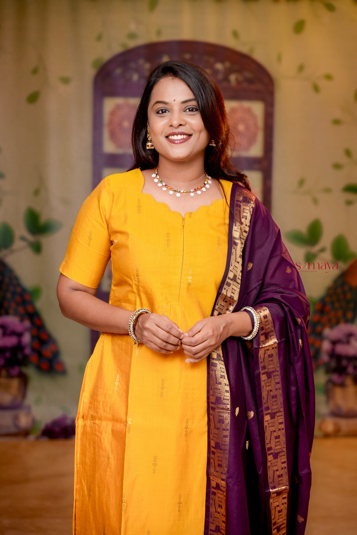 Mango  - yellow soft raw silk Kurta Set of 3 with silk border dupptta