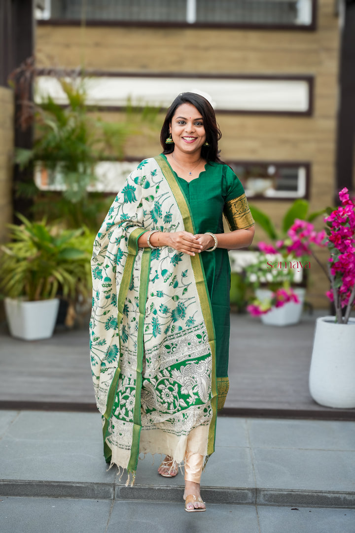 Mangalgiri Green Narayanapet silk top with kalamkari hand painted duppatta set of 2 ( ready to dispatch)