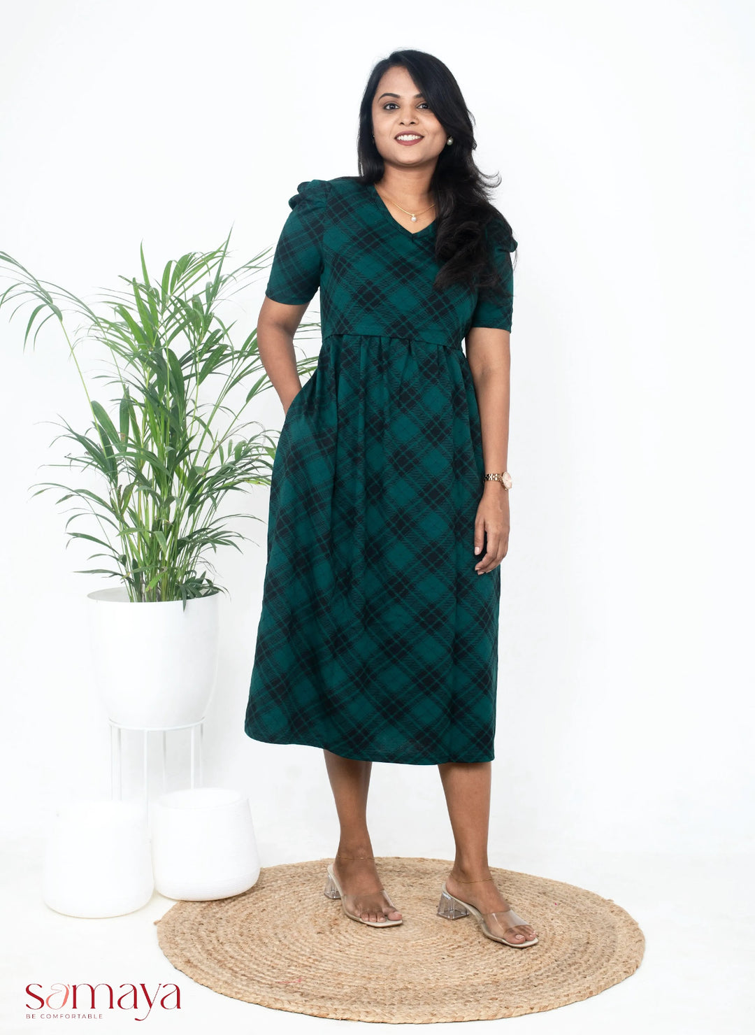 Midi Green Checked Light Weight Dress ( minor embroidery variation so sold at t sale price)