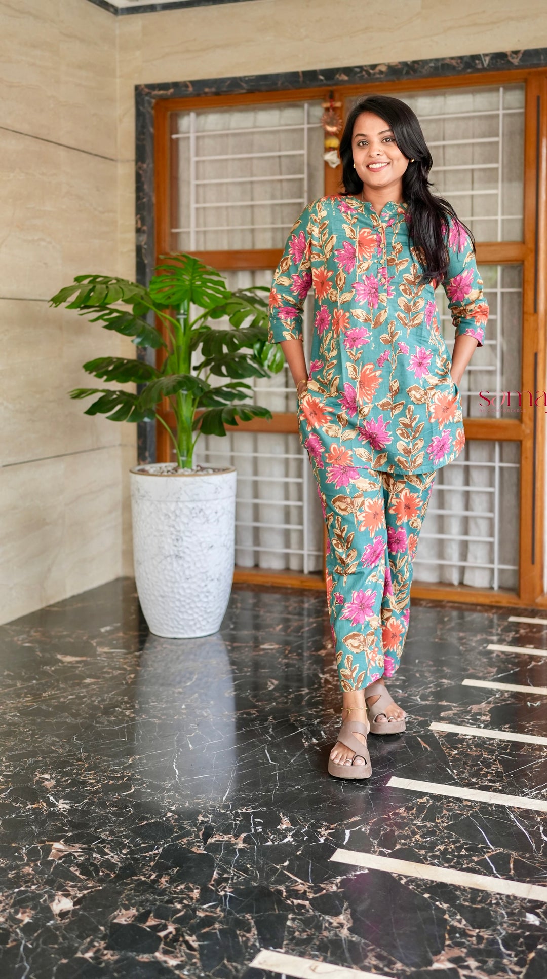 HAASYA-Green orange Night Co-ord Set