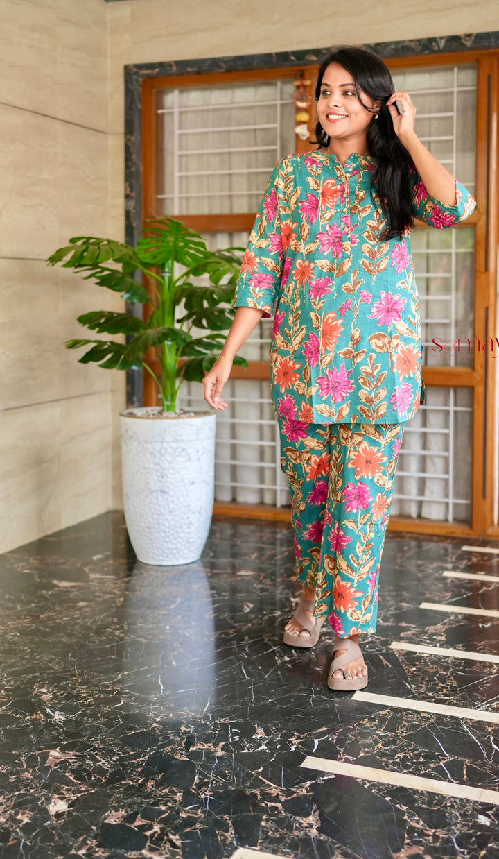 HAASYA-Green orange Night Co-ord Set