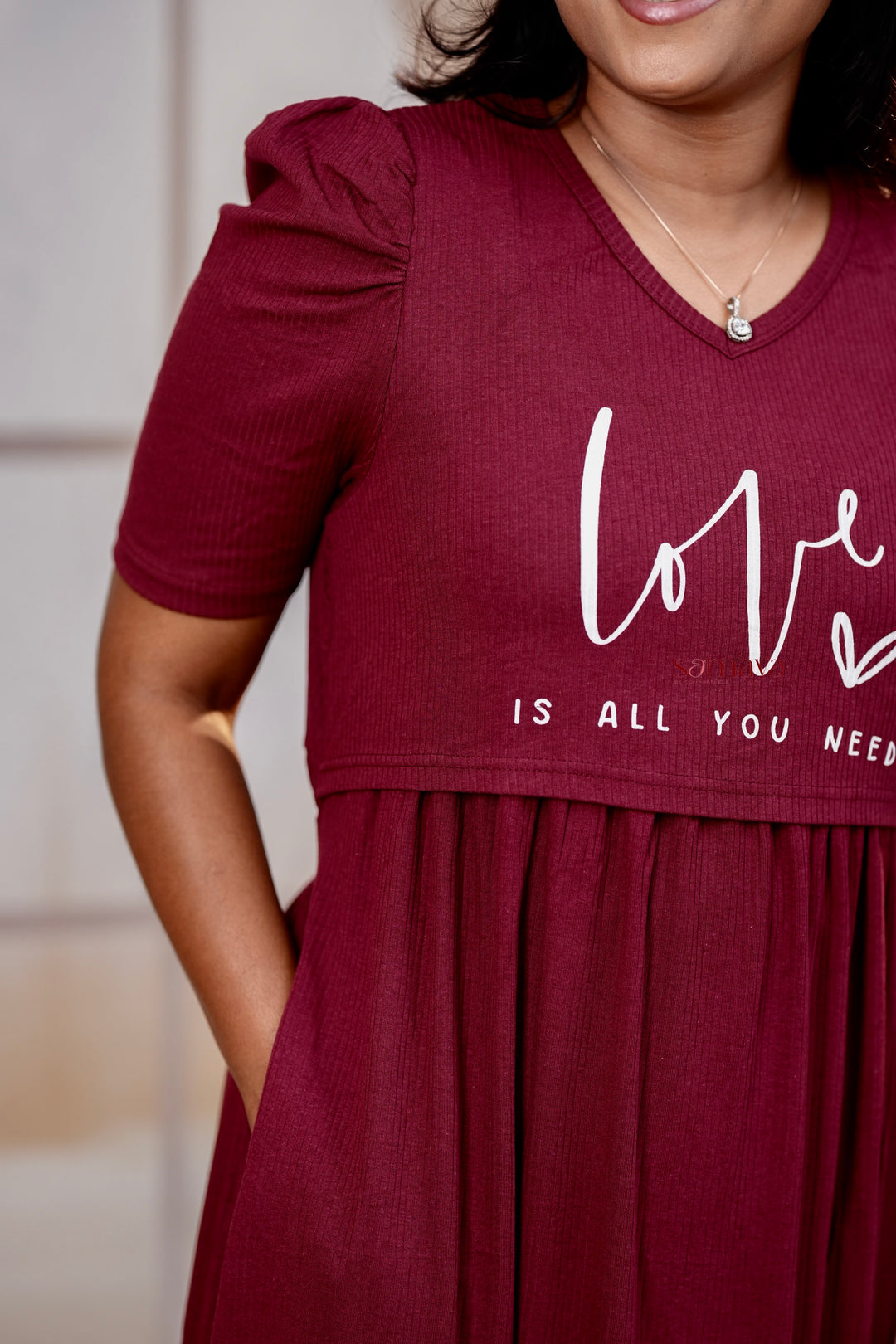 Calf length Wine love Ribbed Light Weight Dress