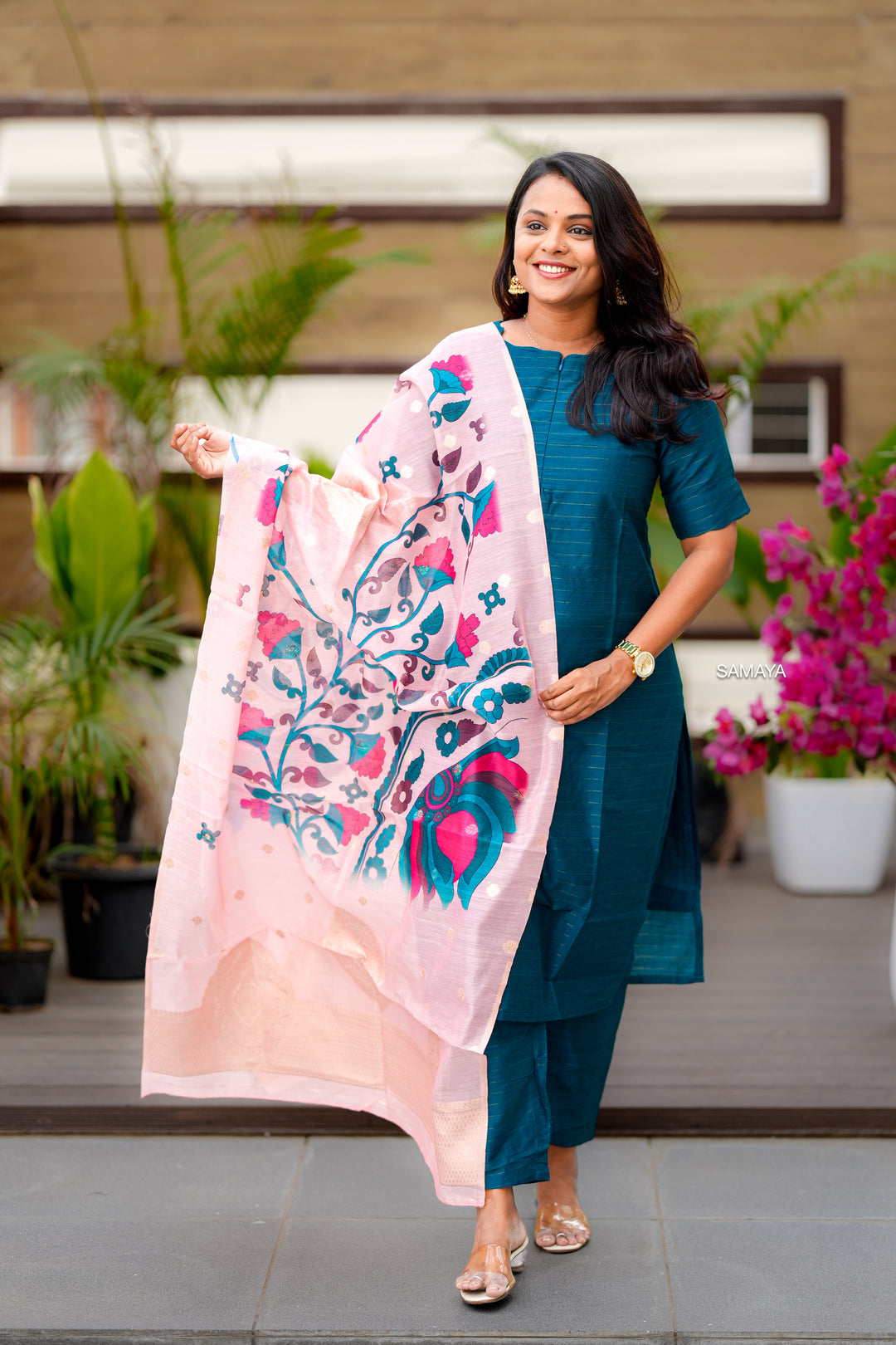 Peacock raw silk suit set of 3 with linen gold border