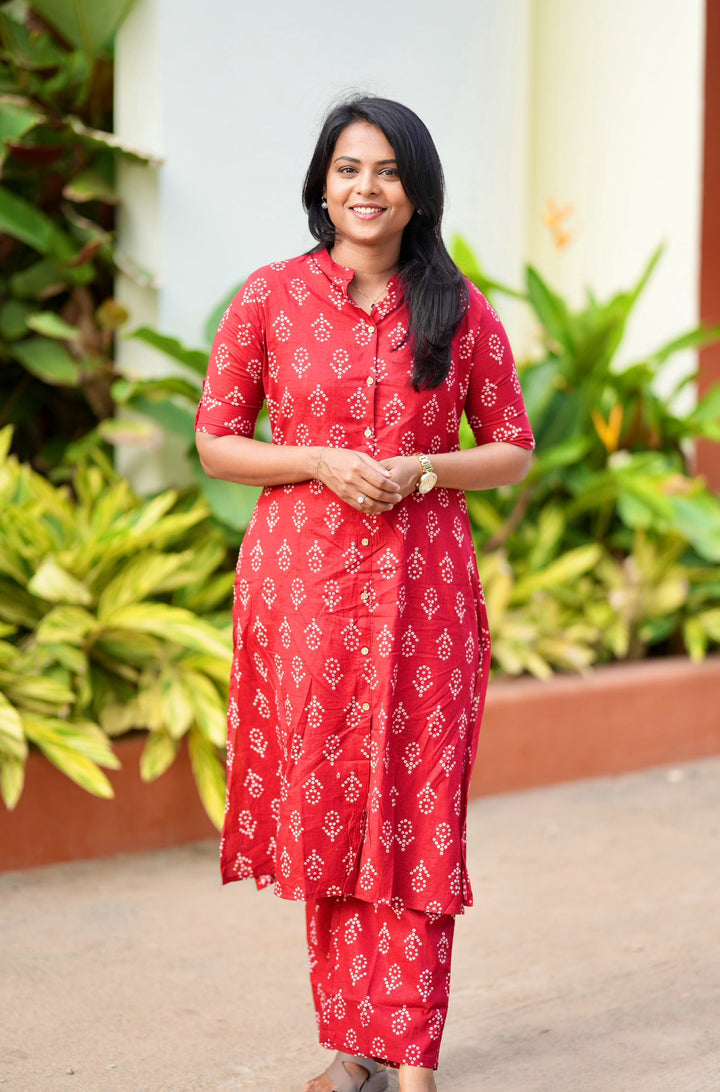Red cotton kurta set (button opening)