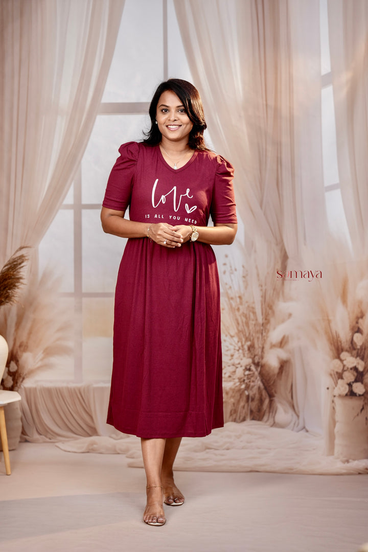 Calf length Wine love Ribbed Light Weight Dress