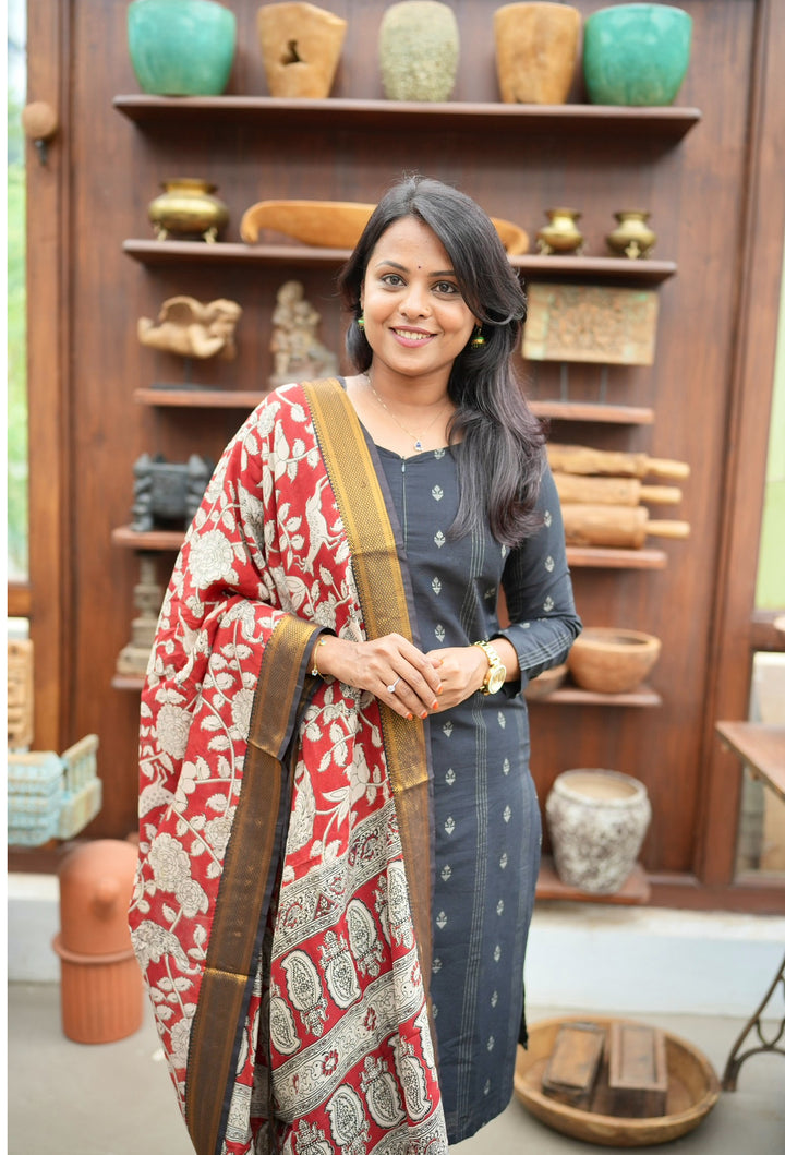Maya black raw silk Kurta Set with Kalamkari hand painted duptta ( 3 piece set )