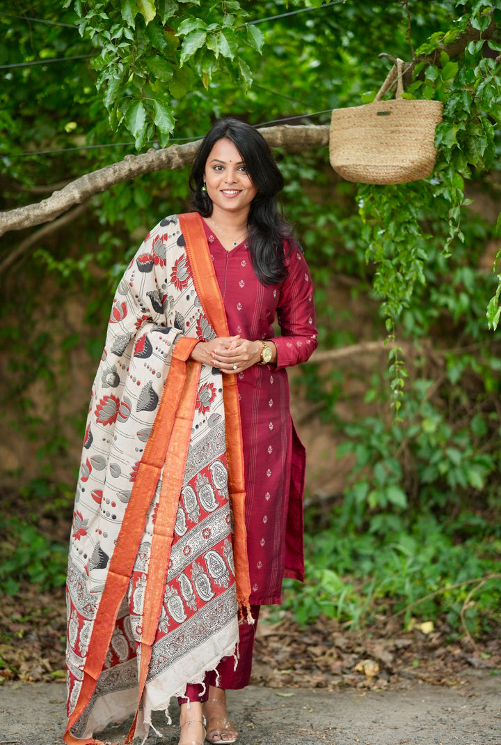 Nithya maroon raw silk Kurta Set with Kalamkari hand painted duptta ( 3 piece set )