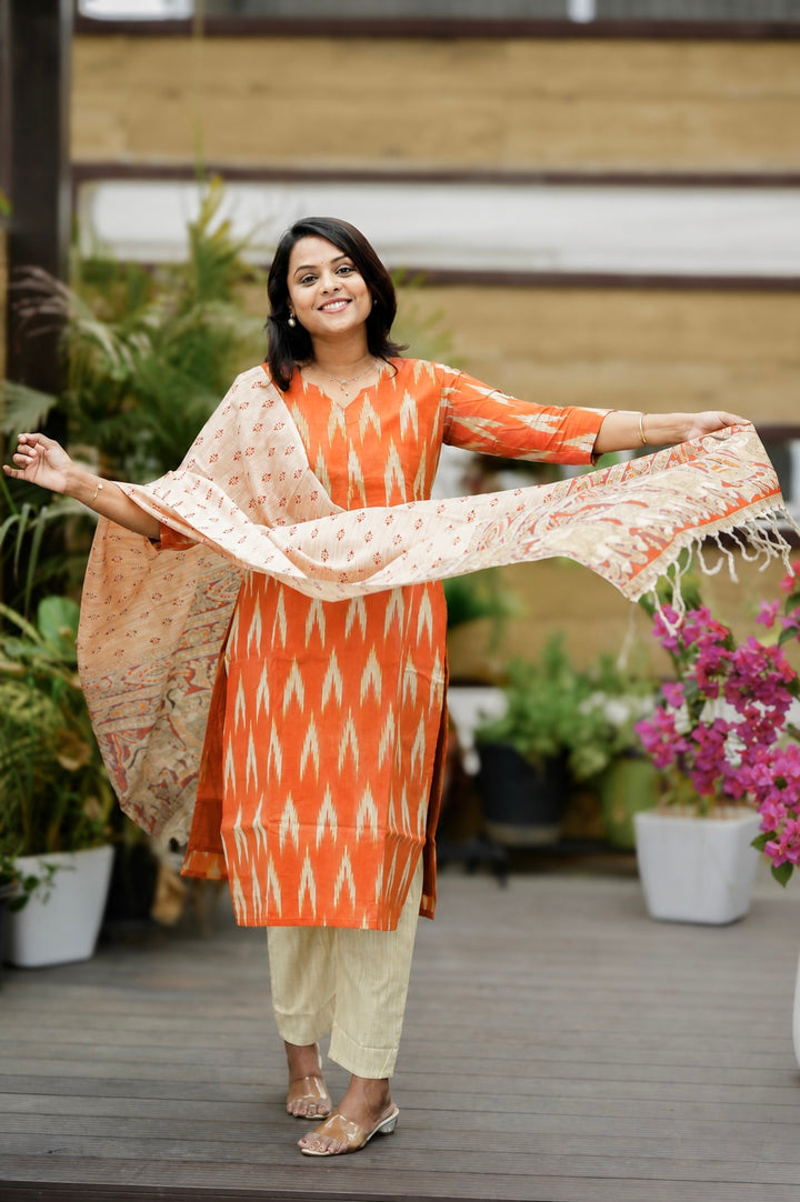 Pari -Orange Ikkat  Cotton 3 piece Set with madubhani dupptta