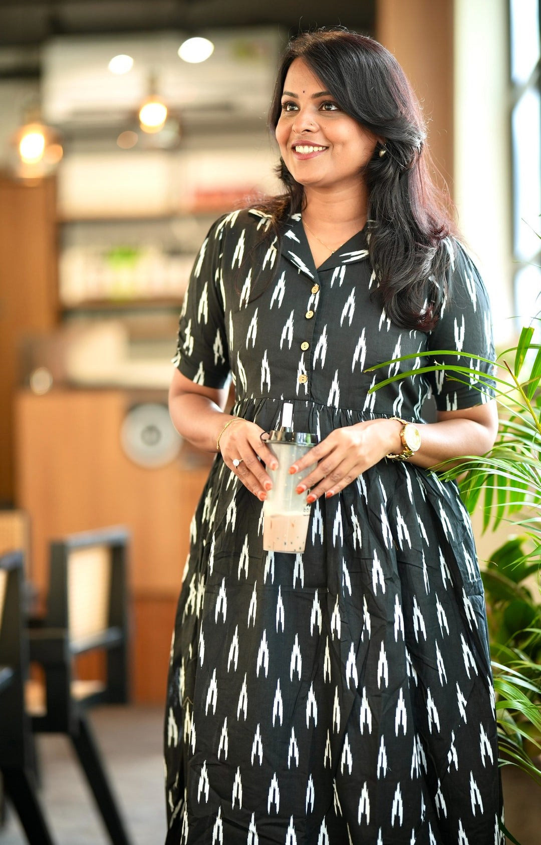 Black Ikkat casual  Dress With Lining