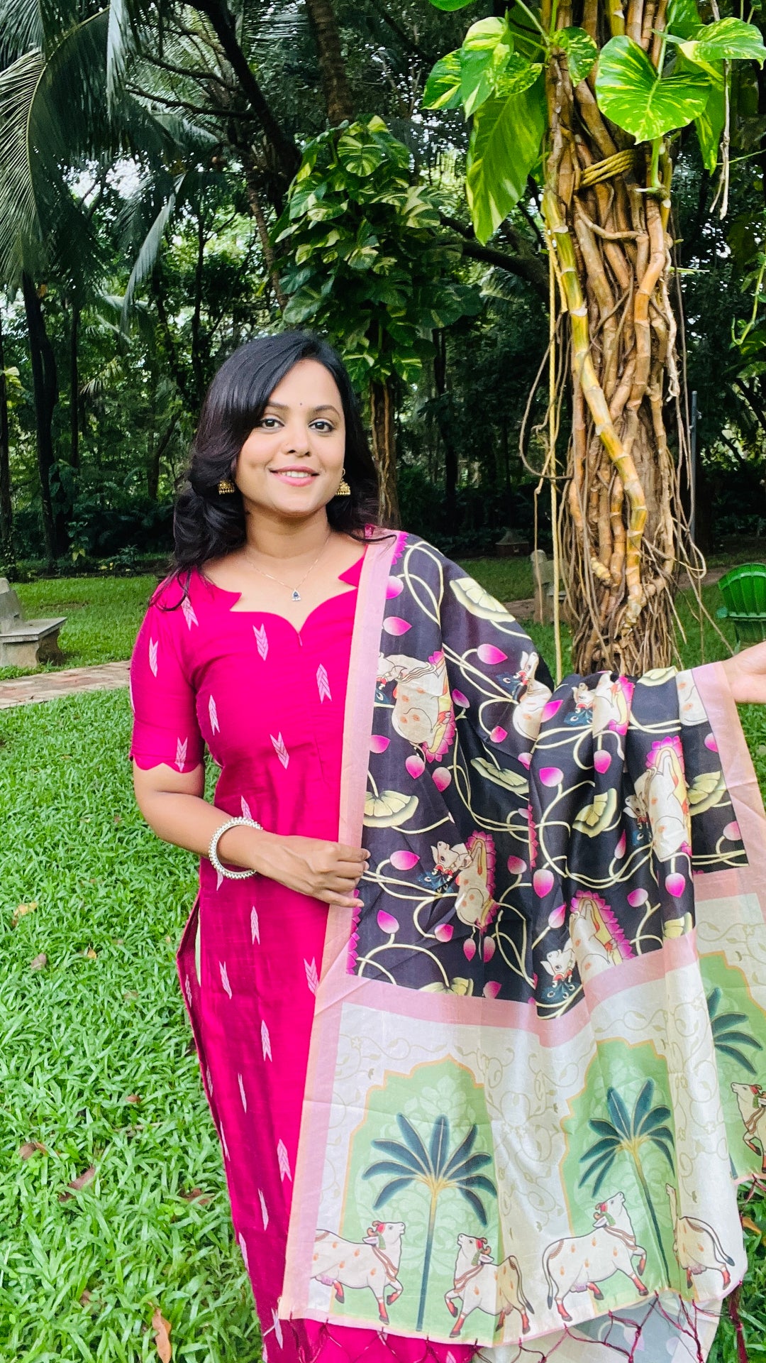 Mithila Pichwai raw silk  set with dupptta( set of 3) ready to dispatch