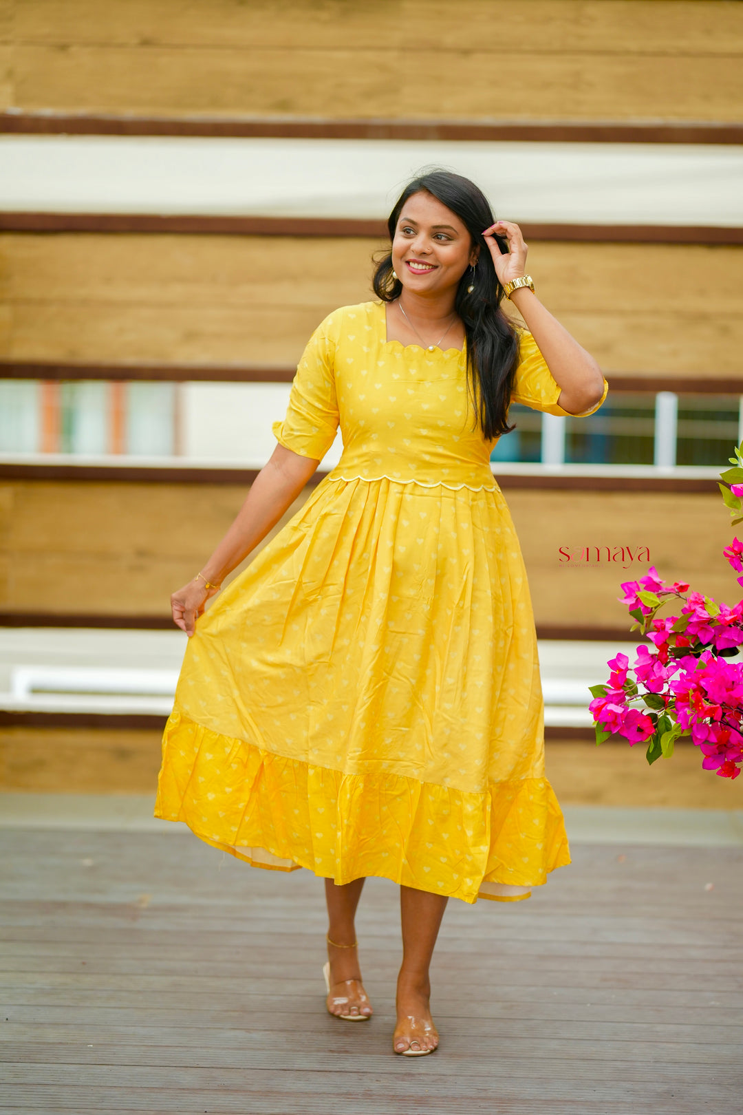 Yellow Casual Dress With Lining( Wrinkle-Free Cotton Blend Dress)