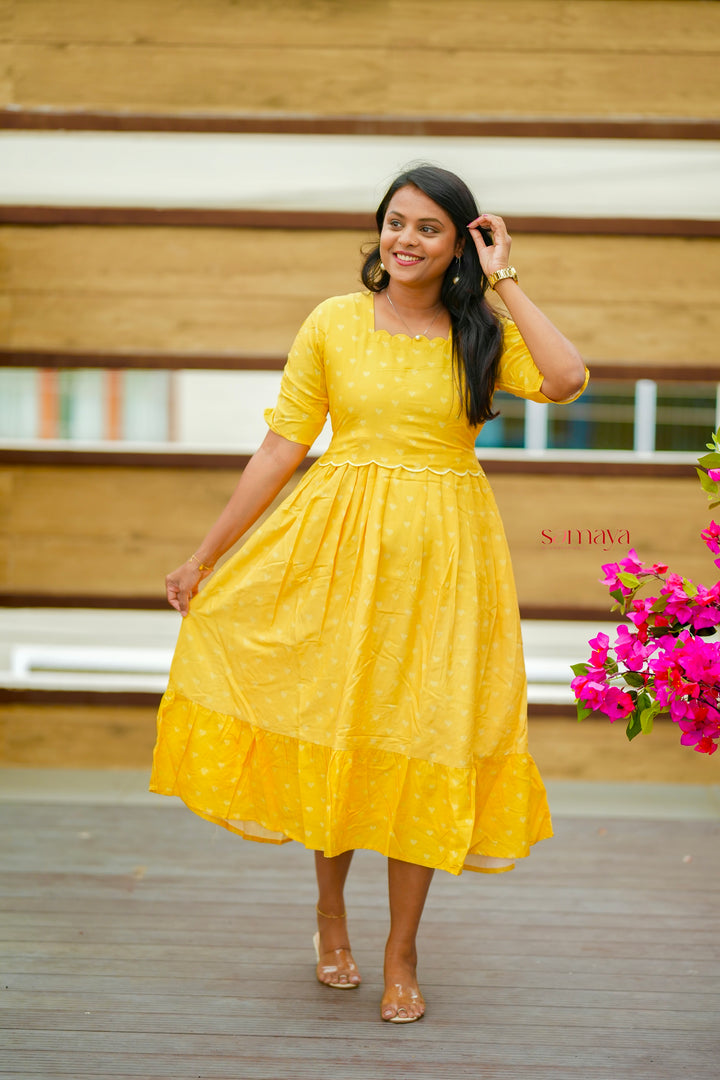 Yellow Casual Dress With Lining( Wrinkle-Free Cotton Blend Dress)