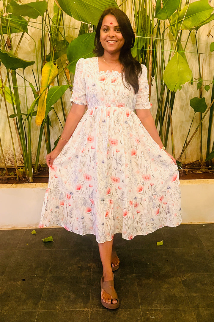 Roh white bloom Dress With Lining