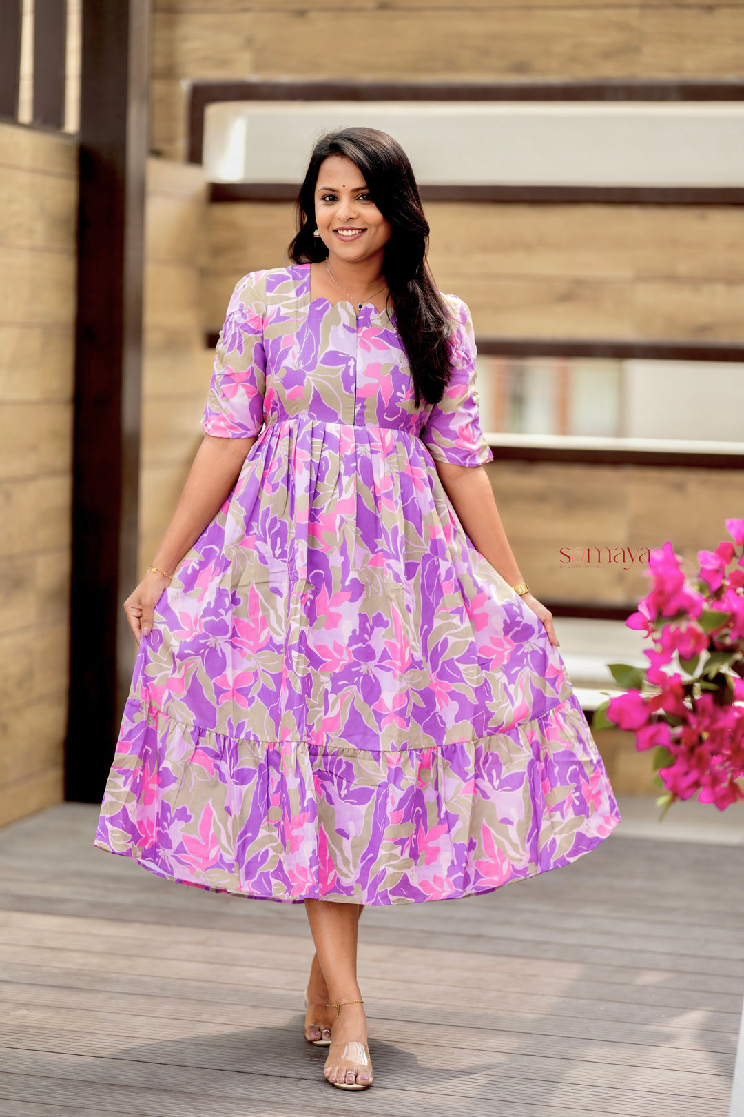 Laya Floral Dress With lining( Wrinkle-Free Cotton Blend Dress)
