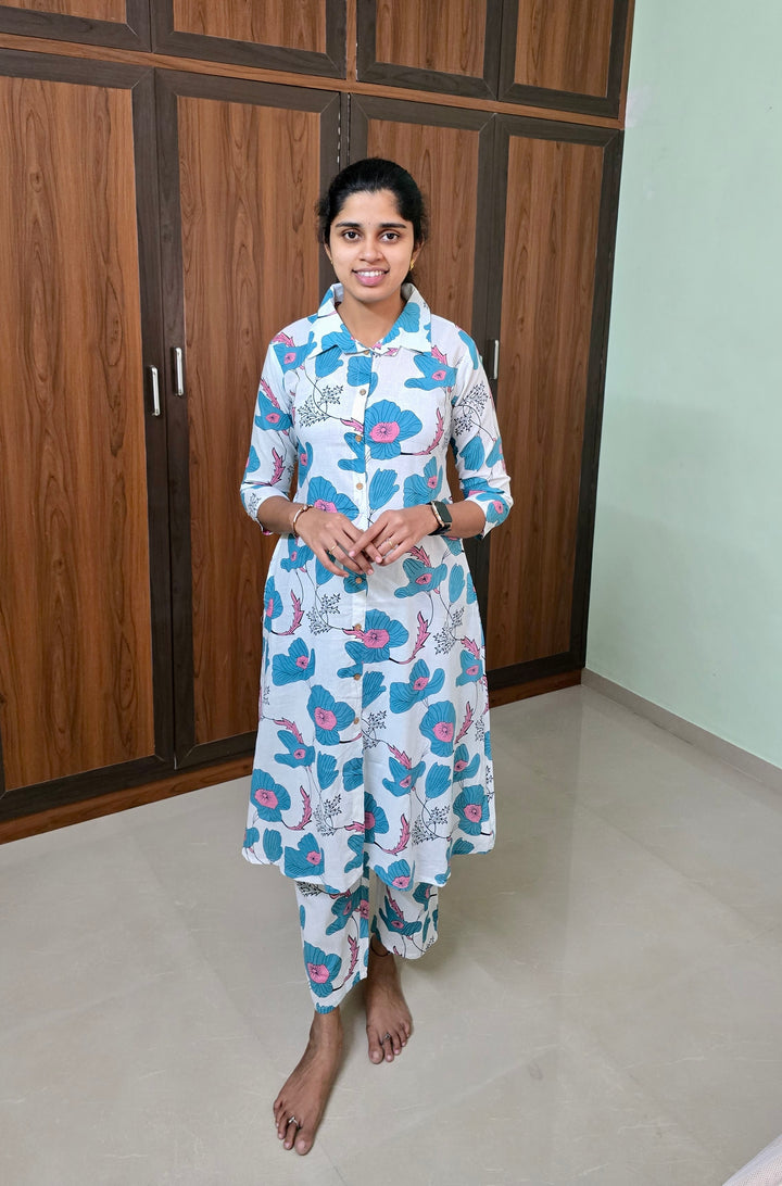 White cotton kurta set (button opening)