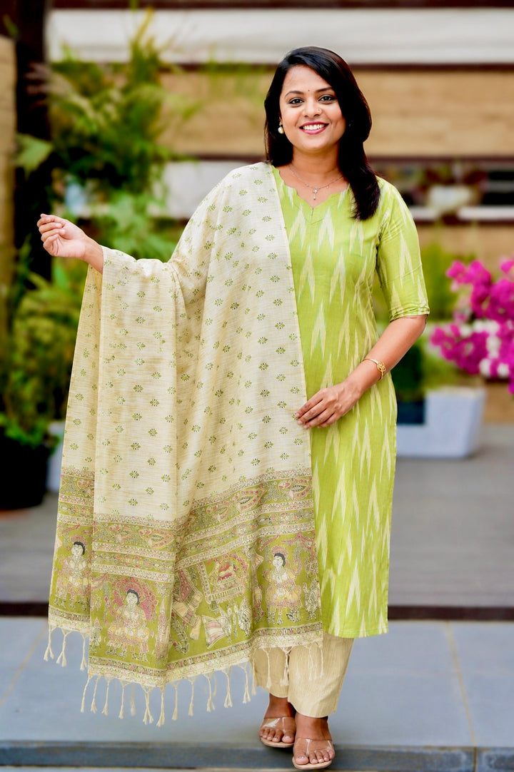 Pari -Green Cotton 3 piece Set with Madhubani duppta