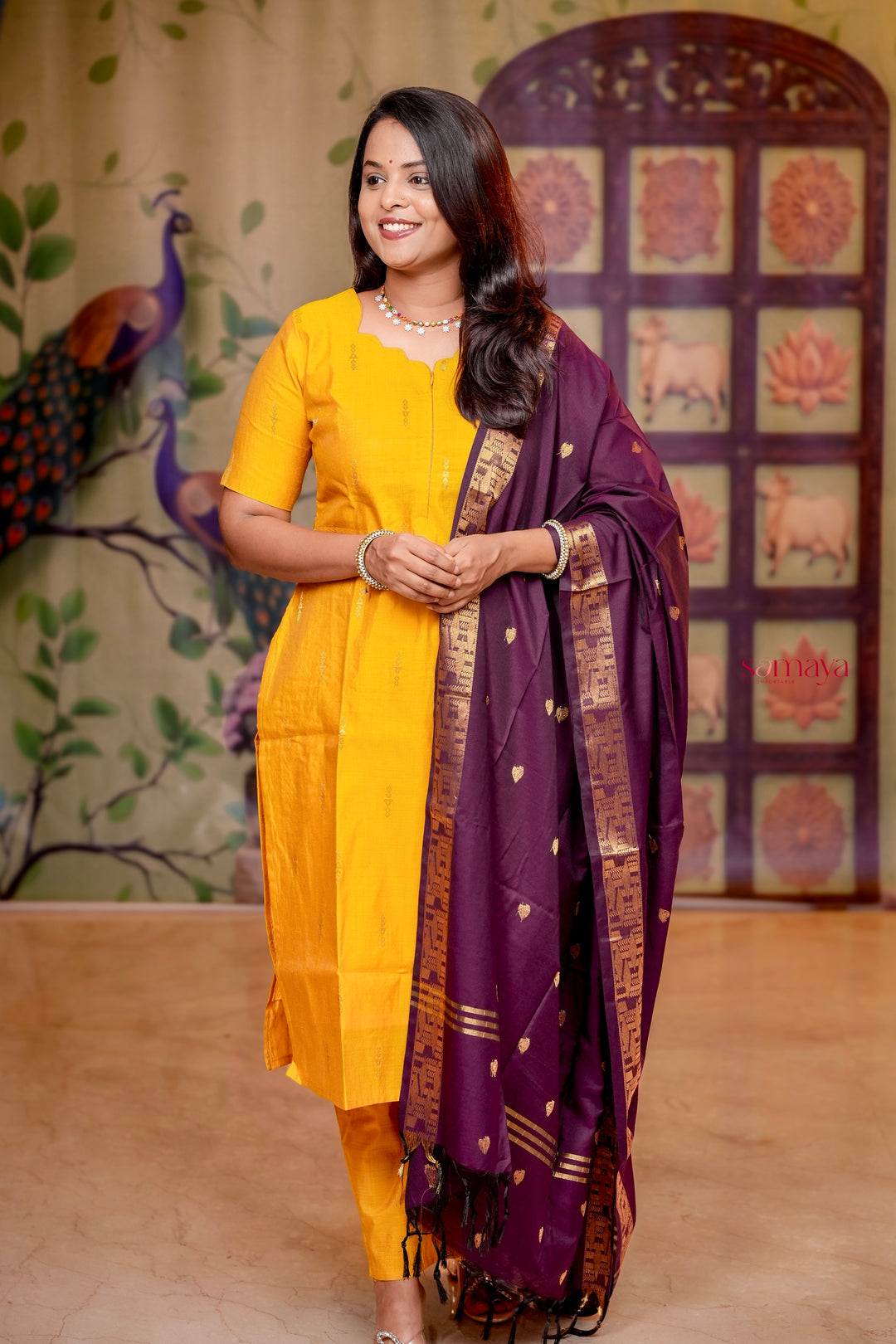Mango  - yellow soft raw silk Kurta Set of 3 with silk border dupptta