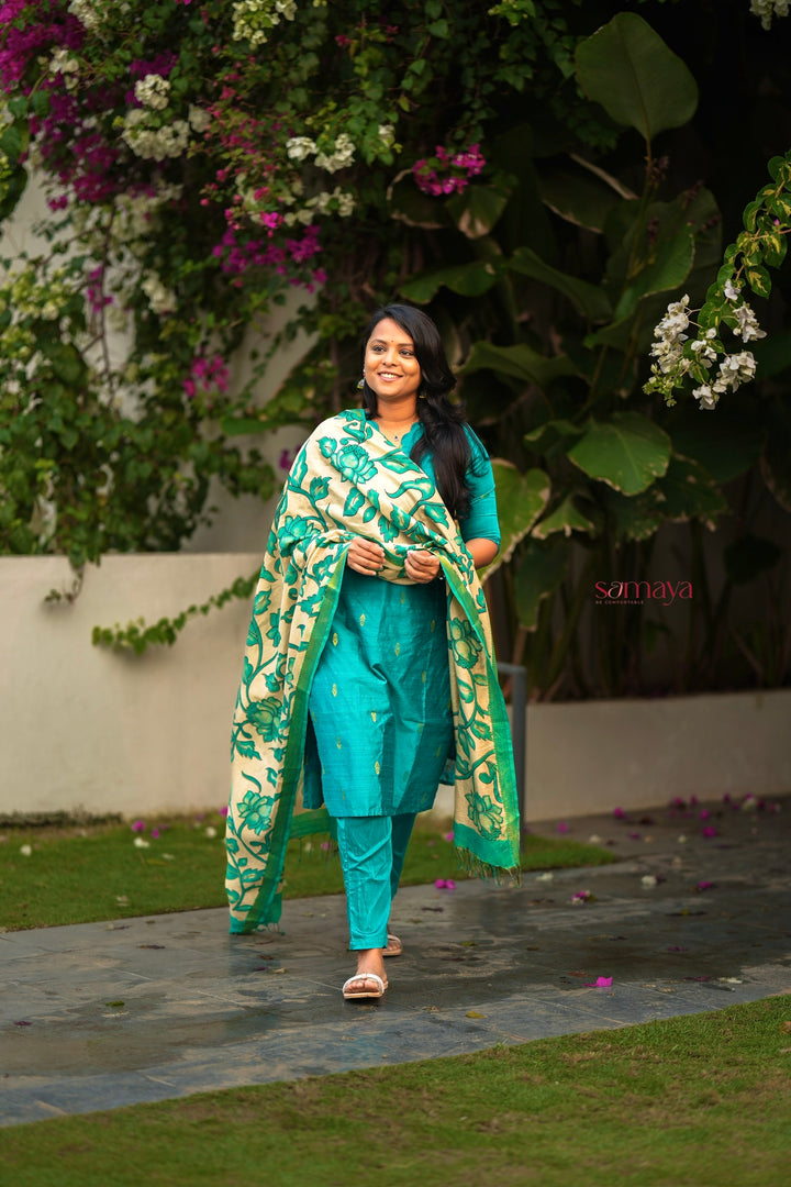Vaishnavi 3 piece raw silk suit set wth hand painted kalamkari dupptta(pre order)