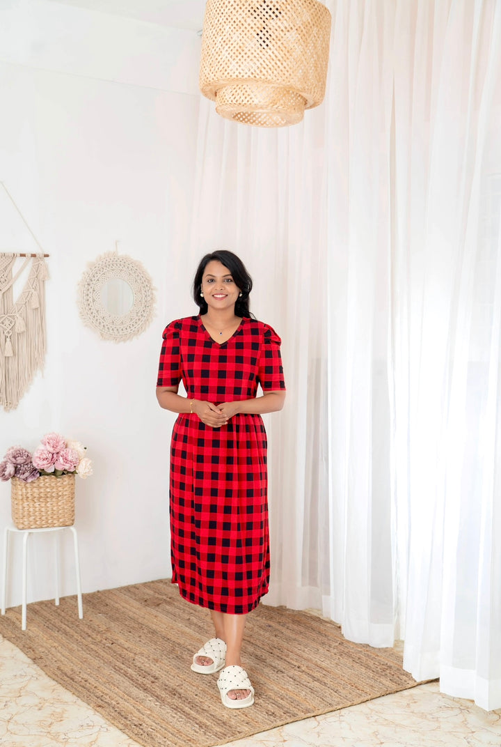 Midi Red Checked Light Weight Dress