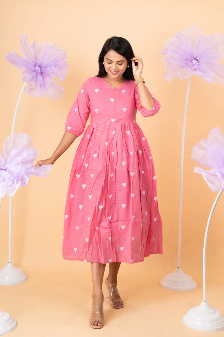Baby Pink heart embroidered pure cotton casual  Dress With Lining