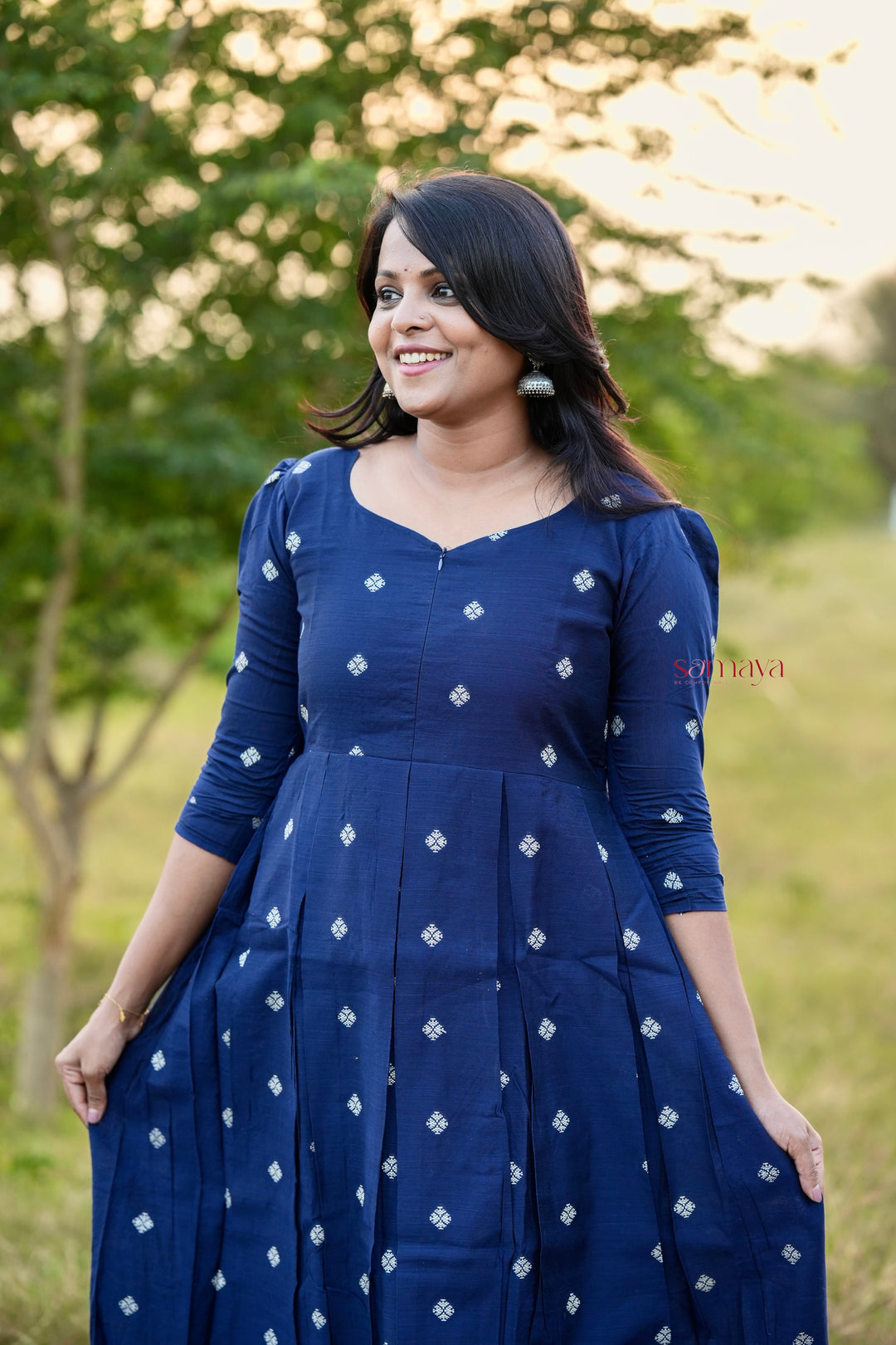 Heartly ( navy blue ) Raw silk  Dress With Lining