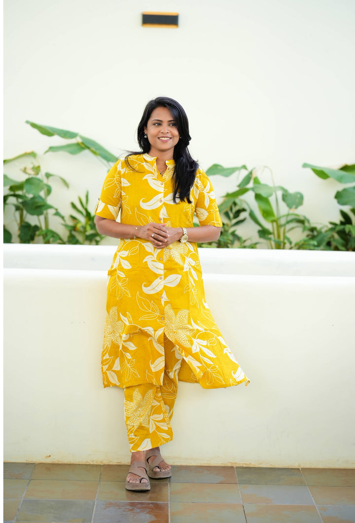 Yellow flower cotton kurta set (button opening)