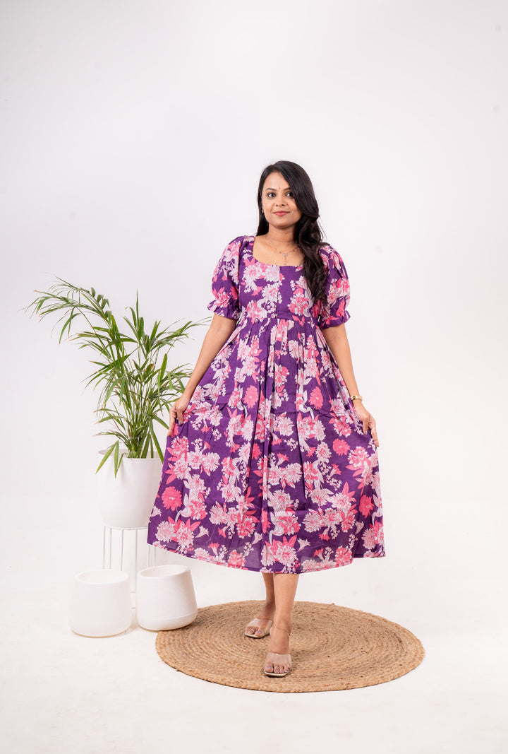 Purple bloom  floral  Dress With Lining