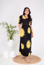 Load image into Gallery viewer, Maxi Sunflower Ribbed Dress with free baby T-shirt (1-2 yrs and 2-3 yrs available )(SAMAYA  exclusive premium fabric) pls mention baby tshirt size in notes
