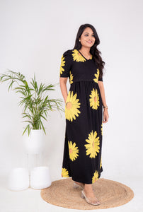 Maxi Sunflower Ribbed Dress with free baby T-shirt (1-2 yrs and 2-3 yrs available )(SAMAYA  exclusive premium fabric) pls mention baby tshirt size in notes