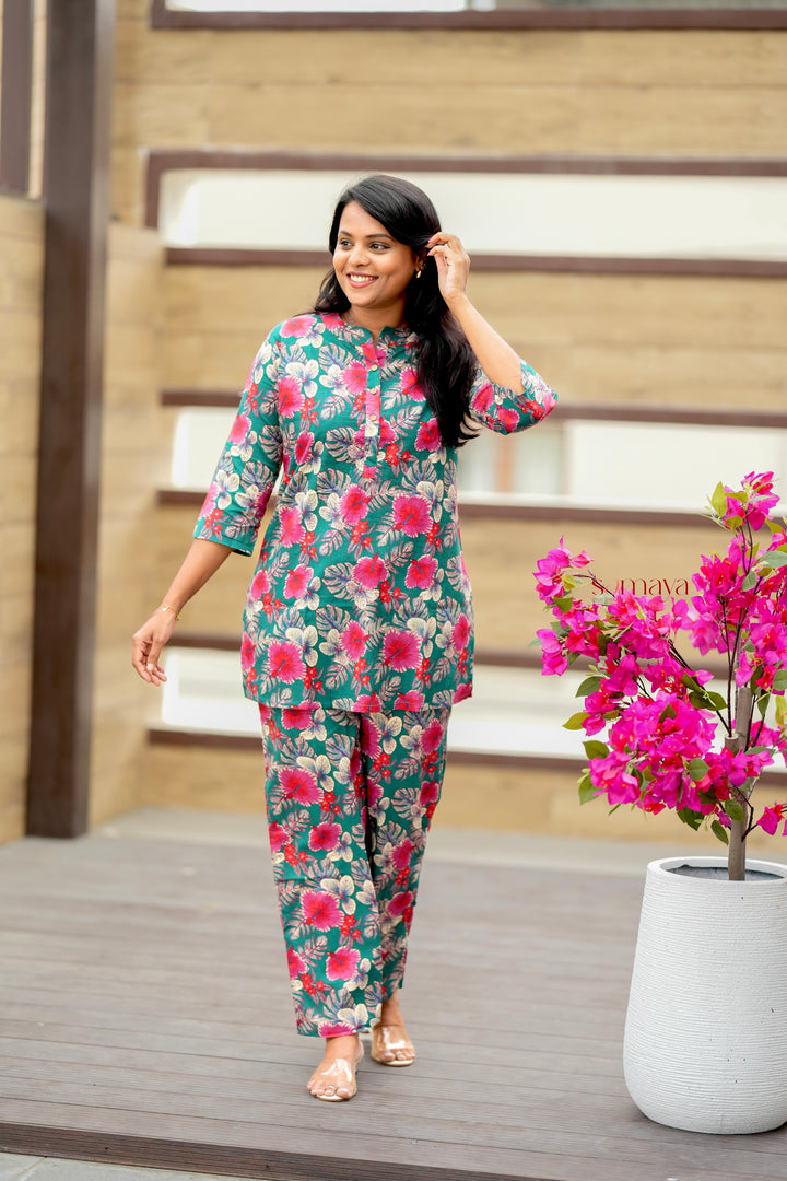 HAASYA-Green Maroon Night Co-ord Set