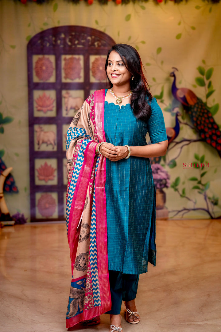 Oviyam raw silk Kurta 3 piece set with kalamkari dupptta