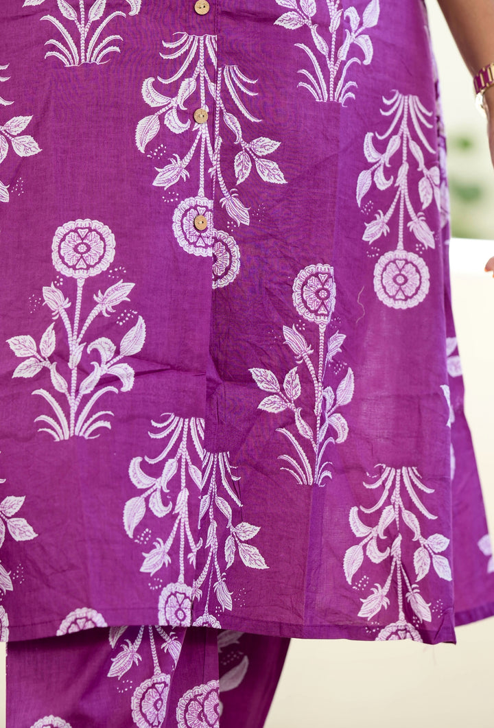 Purple flower cotton kurta set (button opening)