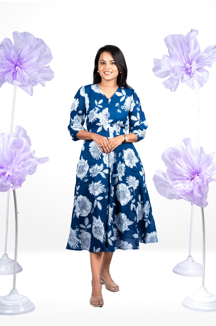 Navy Flower casual Dress With Lining Non-Maternity & Feeding-Friendly Dress