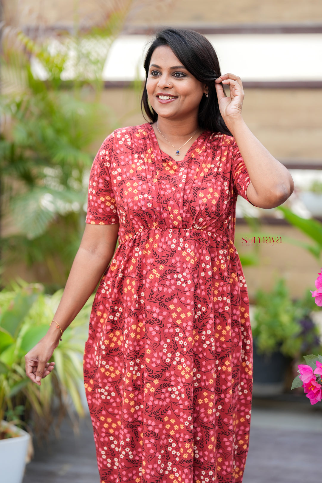 Maxi Rust Orange Light Weight Dress with attached dupptta drape