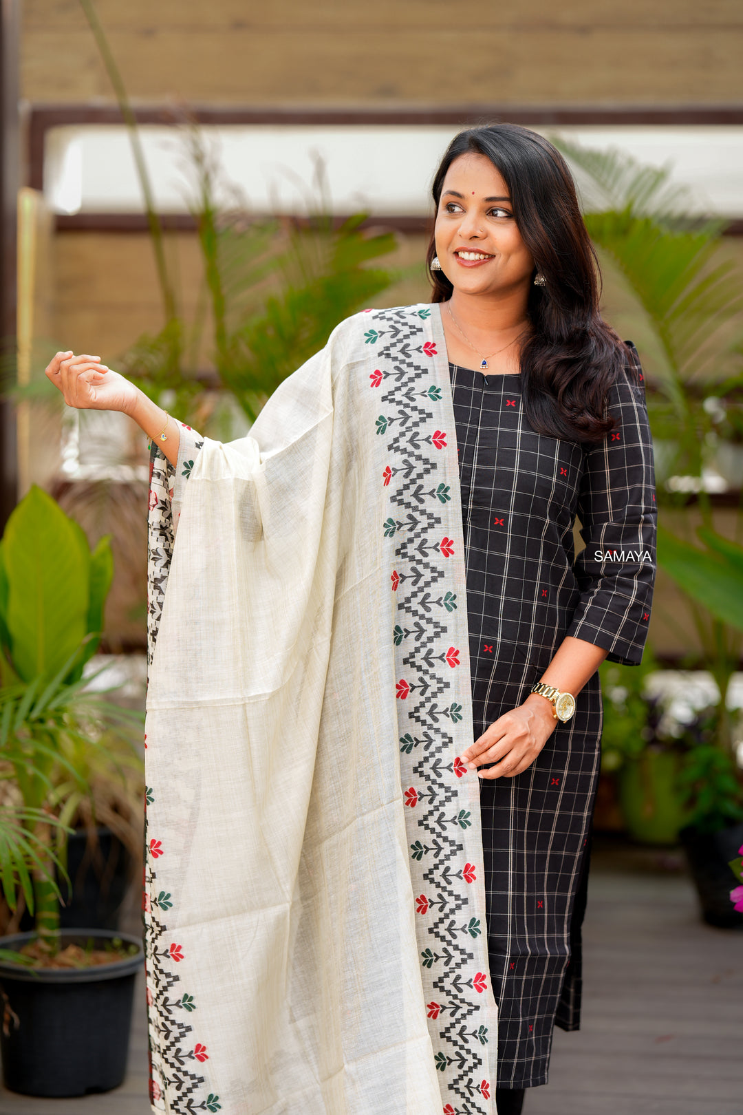 Black checked handloom Cotton 3 piece Set with embroidered dupptta