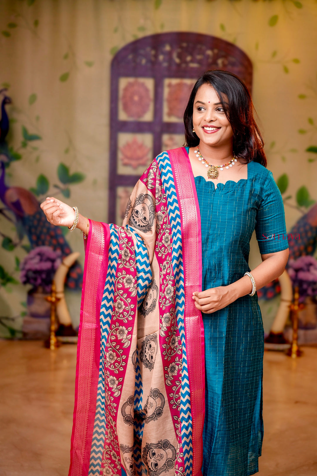 Oviyam raw silk Kurta 3 piece set with kalamkari dupptta