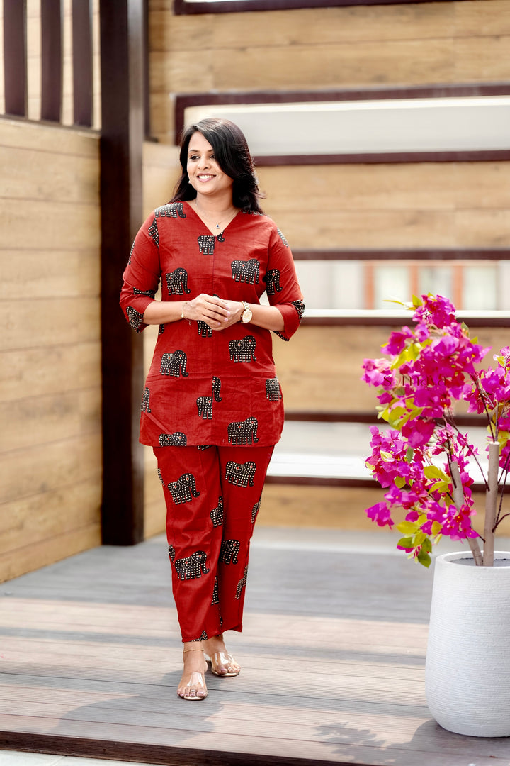 ZARA- Maroon Elephant Night Co-ord Set