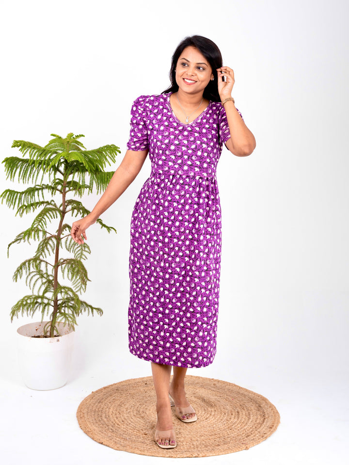 Purple heart print midi nursing gown with V-neck and puff elbow sleeves, lightweight and stretchable for maternity comfort