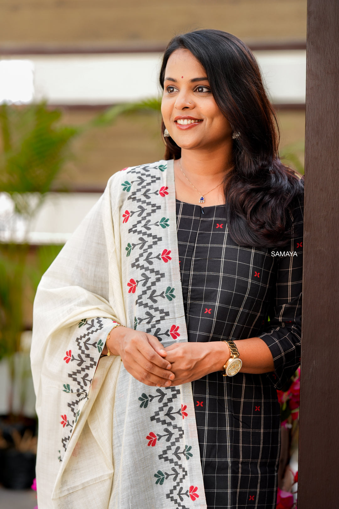 Black checked handloom Cotton 3 piece Set with embroidered dupptta