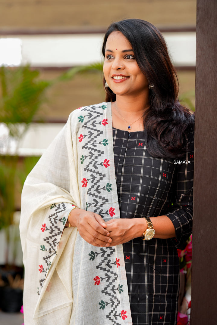Black checked handloom Cotton 3 piece Set with embroidered dupptta