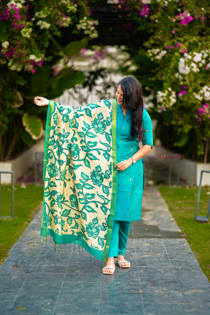 Vaishnavi 3 piece raw silk suit set wth hand painted kalamkari dupptta(pre order)