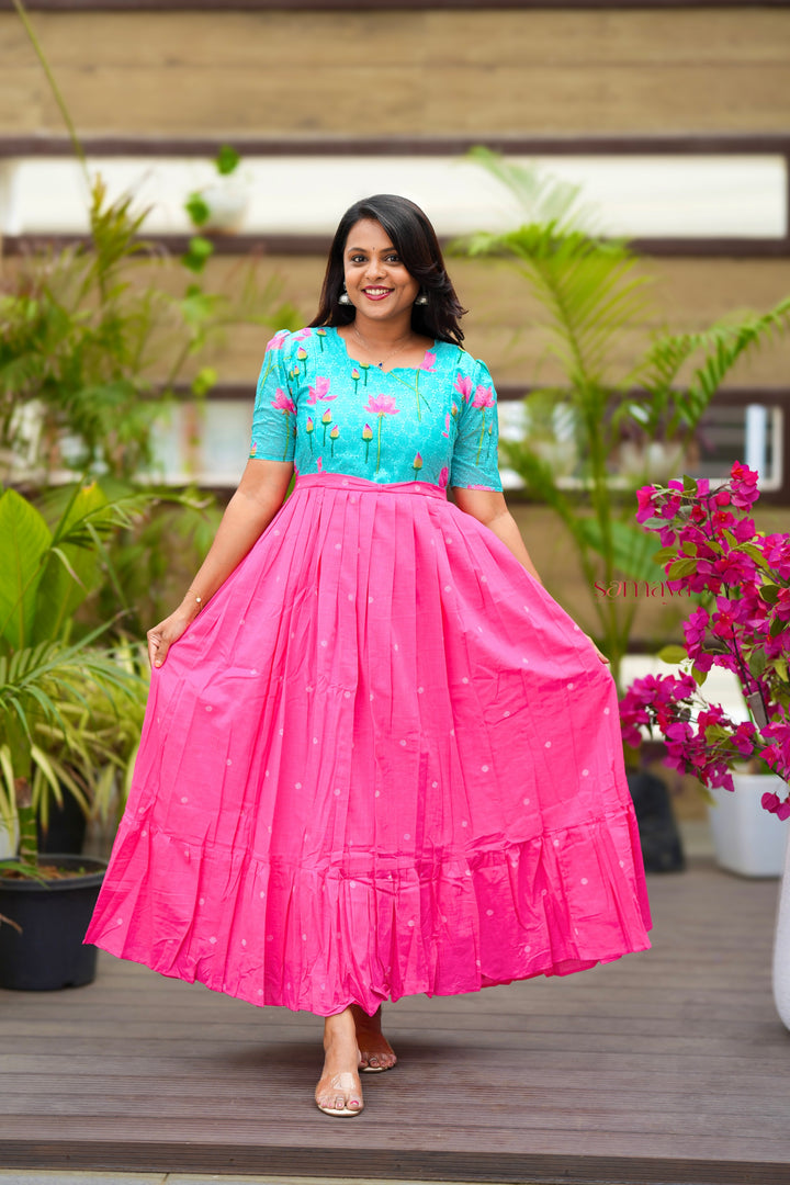 Maxi Lotus Hakoba-handloom cotton  Dress With Lining