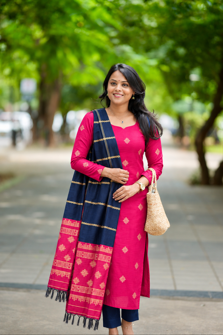 Kolam pink  & blue   3 piece salwar suit set with dupptta ( pre order ) ( limited edition )