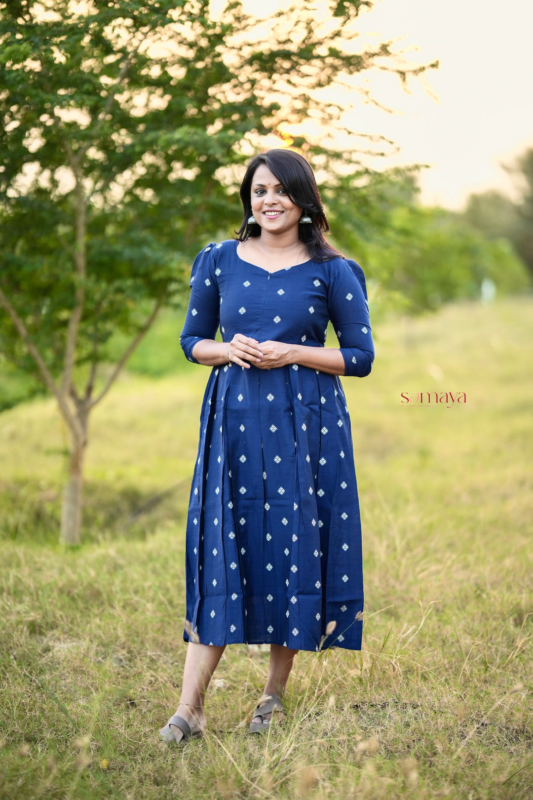 Heartly ( navy blue ) Raw silk  Dress With Lining