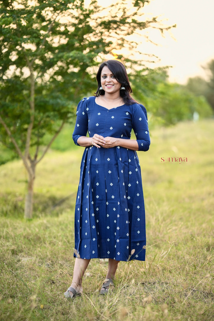 Heartly ( navy blue ) Raw silk  Dress With Lining