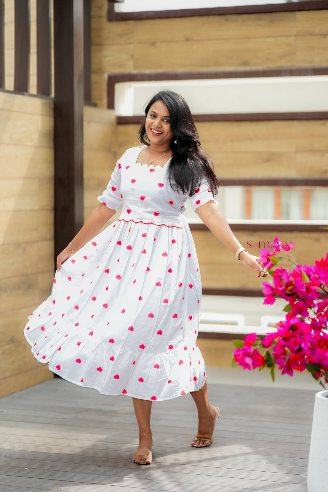 Heart Casual Dress With Lining( Wrinkle-Free Cotton Blend Dress)