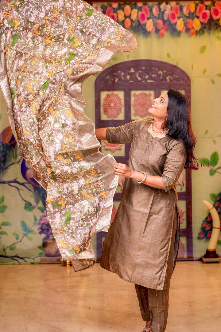 Silver raw silk Kurta 3 piece set with silver  dupptta