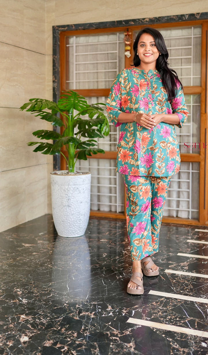 HAASYA-Green orange Night Co-ord Set